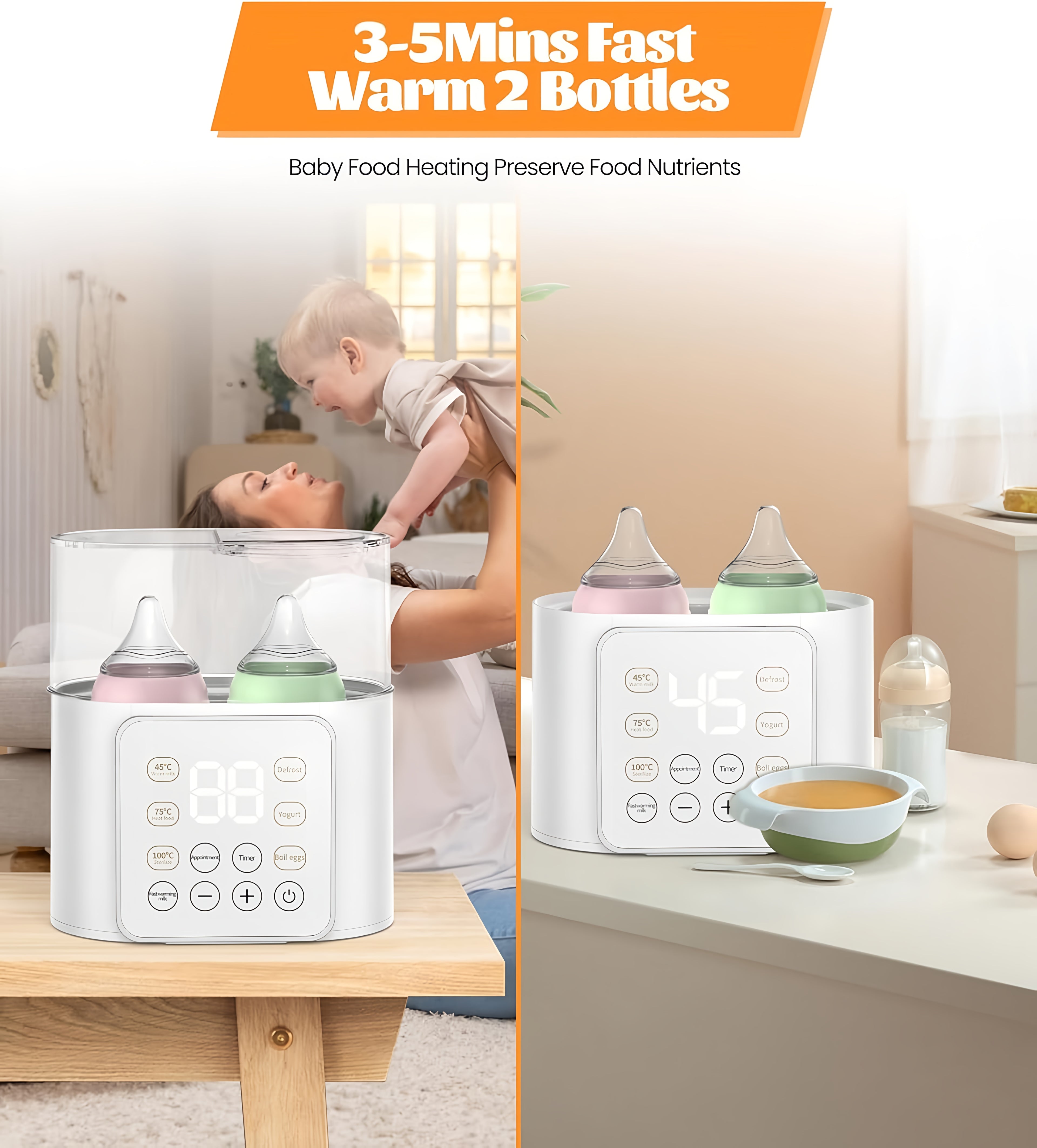 NuvioWarm™ dual smart baby bottle warmer and sterilizer for breast milk and formula, featuring 37°C temperature control and 100°C sterilization. Compact BPA-free design with LED touch display, preset timer, and fast PTC heating for modern parents. Ideal for newborn feeding, twins, and nighttime use – keeps bottles warm, clean, and safe.