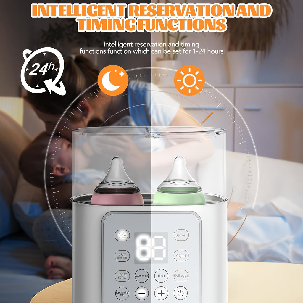 NuvioWarm™ dual smart baby bottle warmer and sterilizer for breast milk and formula, featuring 37°C temperature control and 100°C sterilization. Compact BPA-free design with LED touch display, preset timer, and fast PTC heating for modern parents. Ideal for newborn feeding, twins, and nighttime use – keeps bottles warm, clean, and safe.