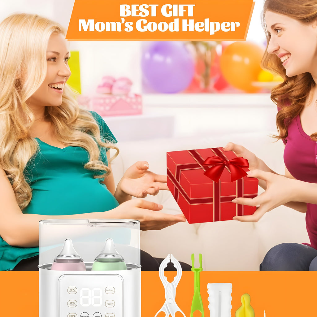 NuvioWarm™ dual smart baby bottle warmer and sterilizer for breast milk and formula, featuring 37°C temperature control and 100°C sterilization. Compact BPA-free design with LED touch display, preset timer, and fast PTC heating for modern parents. Ideal for newborn feeding, twins, and nighttime use – keeps bottles warm, clean, and safe.