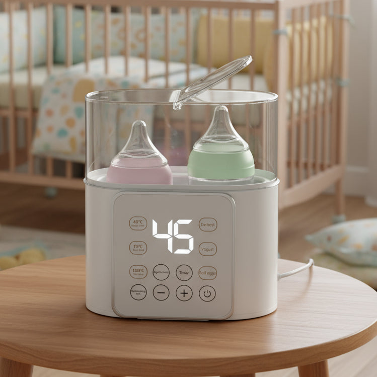 NuvioWarm™ dual smart baby bottle warmer and sterilizer for breast milk and formula, featuring 37°C temperature control and 100°C sterilization. Compact BPA-free design with LED touch display, preset timer, and fast PTC heating for modern parents. Ideal for newborn feeding, twins, and nighttime use – keeps bottles warm, clean, and safe.